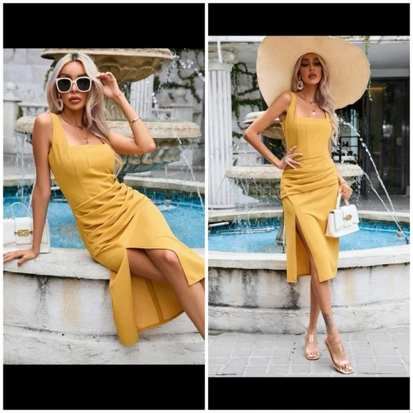 SHEIN | Dresses | Mustard Yellow Brunch Slit Strap Dress | Poshmark SHEIN | Dresses | Mustard Yellow Brunch Slit Strap Dress | Poshmark